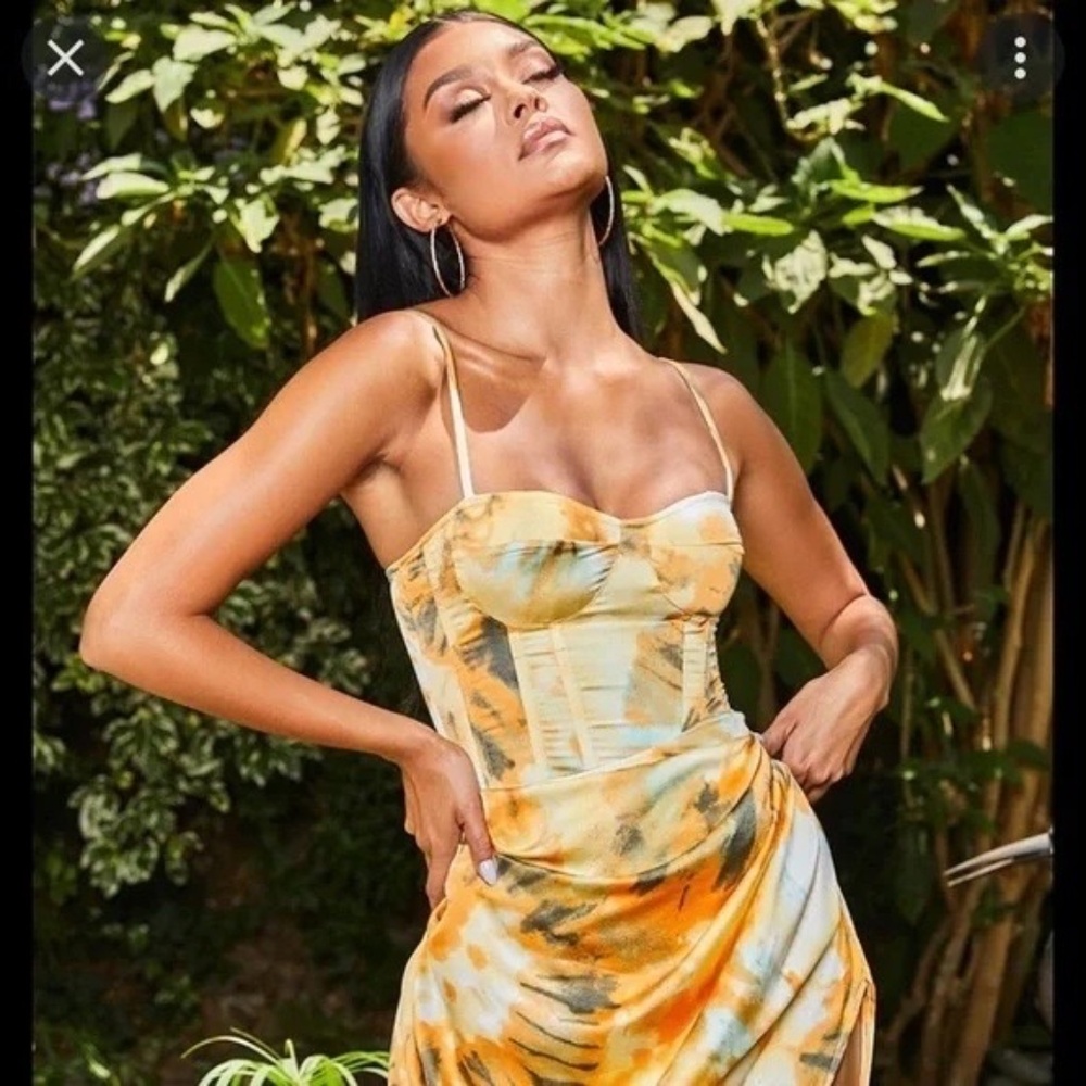 Pretty Little Thing Structured Corset Top Orange Tie Dye Print - Picture 2 of 9
